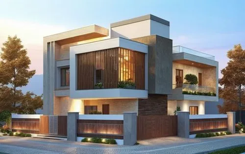 modern elevation,the front view of a modern house with its balconies lit up at dusk,modern house,residential house,modern architecture,two story house,exterior decoration,beautiful home,residence,mode