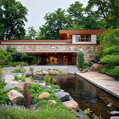 1building,the house has an indoor pond in the center,pool house,house with lake,mid century house,house by the water,fallingwater,landscaped,forest house,beautiful home,summer house,modern house,stone