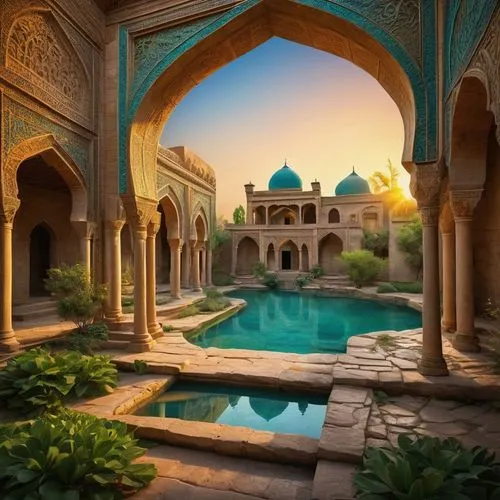 Sasanian architecture, ancient Persian ruins, intricate stone carvings, grandiose entrance, ornate columns, curved arches, turquoise domes, golden accents, vibrant mosaics, detailed frescoes, lush gre