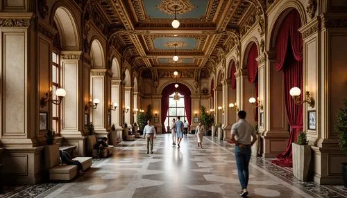 Intricate molding details, ornate plasterwork, grand museum interior, Renaissance-inspired architecture, sweeping archways, decorative columns, intricate carvings, gilded accents, luxurious textiles, 