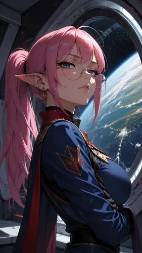 Manga style:

Mako, an elf in her thirties with pointed ears and Asian features, has an athletic build. Her candy-pink hair is styled in a medium-length ponytail that falls below her shoulders, and sh