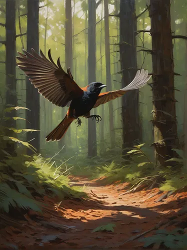 Write a thrilling chase scene through a dense forest with a relentless towhee pursuing its prey.,bird painting,harris hawk in flight,bird illustration,harris's hawk,harris hawk,bird wing,bird in fligh