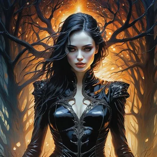 Illustration of a woman dressed in a sleek, black suit editorial photography, the mummified beauty，by Olivia de Berardinis and LUIS ROYO, MORBID, CRACKED DIMENSIONS, immortal sin, sweet pain, lust, up