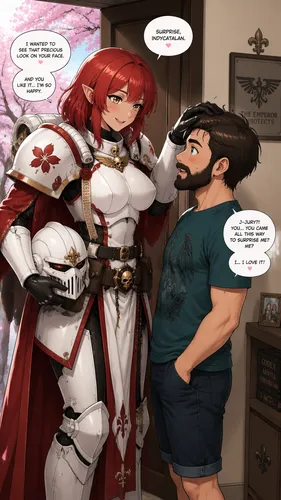 Manga style:

Jury, a 32-year-old Asian elf with Japanese features, pointed ears, shoulder-length scarlet hair, and yellow eyes.
She is clad in Warhammer 40k Sisters of Battle armor. The armor is whit