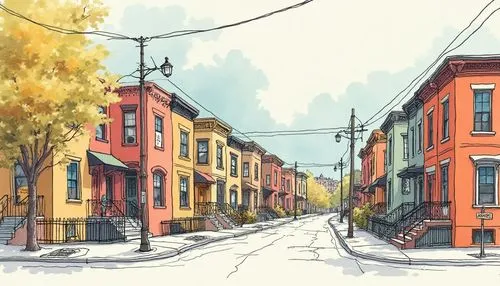 beautiful pen and ink sketch of a cute brooklyn neighborhood, minimalist, colored,a line of buildings along a street lined with trees,row houses,brownstones,neighborhood,townhouses,row of houses,brown