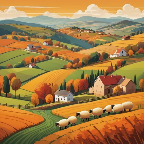 A picturesque autumn landscape, rolling hills, rustic farmhouses, sheeps, haystacks, cornucopias, harvest season, warm and earthly tones, rich details.,autumn landscape,fall landscape,farm landscape,r