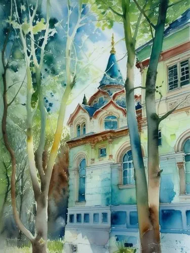 Особняк в неорусском стиле, весна, солнце в контражуре,a painting of a building on a tree lined street,watercolor tea shop,watercolor cafe,watercolor shops,watercolor background,watercolor,watercolor 