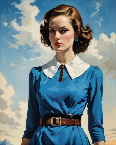 An enigmatic digital illustration: A woman with a vibrant blue dress, adorned in a black belt, and a white collar stands tall. Her gaze, directed sideways, adds mystery; her brown hair adds a splash o