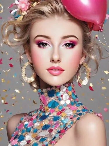 Birthday girl, party, in the style of Avon, artistic, colourful,a woman with a balloon in her hair,pink balloons,colorful balloons,fashion doll,fashion dolls,cosmetic products,little girl with balloon