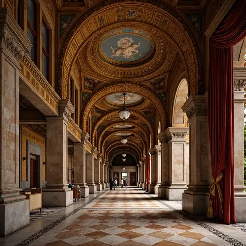 Intricate stone carvings, ornate golden mosaics, rustic terracotta walls, weathered marble columns, richly patterned textiles, luxurious velvet drapes, lavish jewel-toned frescoes, grandiose arches, o