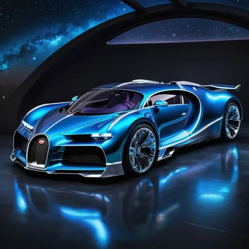 Galaxy Bugatti, futuristic spaceship, luxurious interior, metallic silver body, neon blue accents, sleek curved lines, gull-wing doors, LED lights, chrome wheels, leather seats, holographic dashboard,