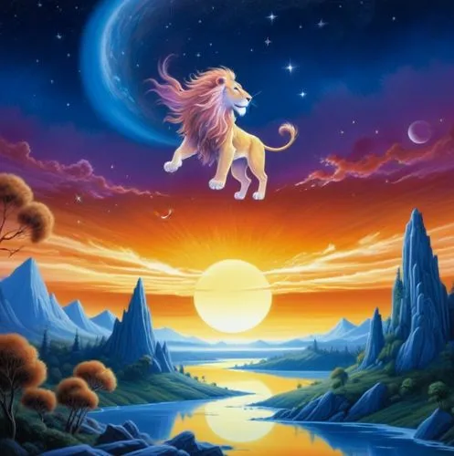 In a surreal landscape, a majestic lion perches proudly on its golden head, its golden skin shining brightly against a radiant night sky. The sun's warm rays cast a soft glow on the forest below, bath