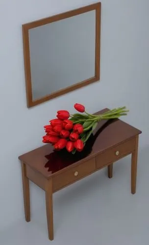 siyah cam vazo içerisinde kırmızı laleler,a small table with flowers on it in front of a mirror,floral frame,ikebana,flower frame,frame flora,dressing table,wood mirror,mirror frame,flowers frame,deco