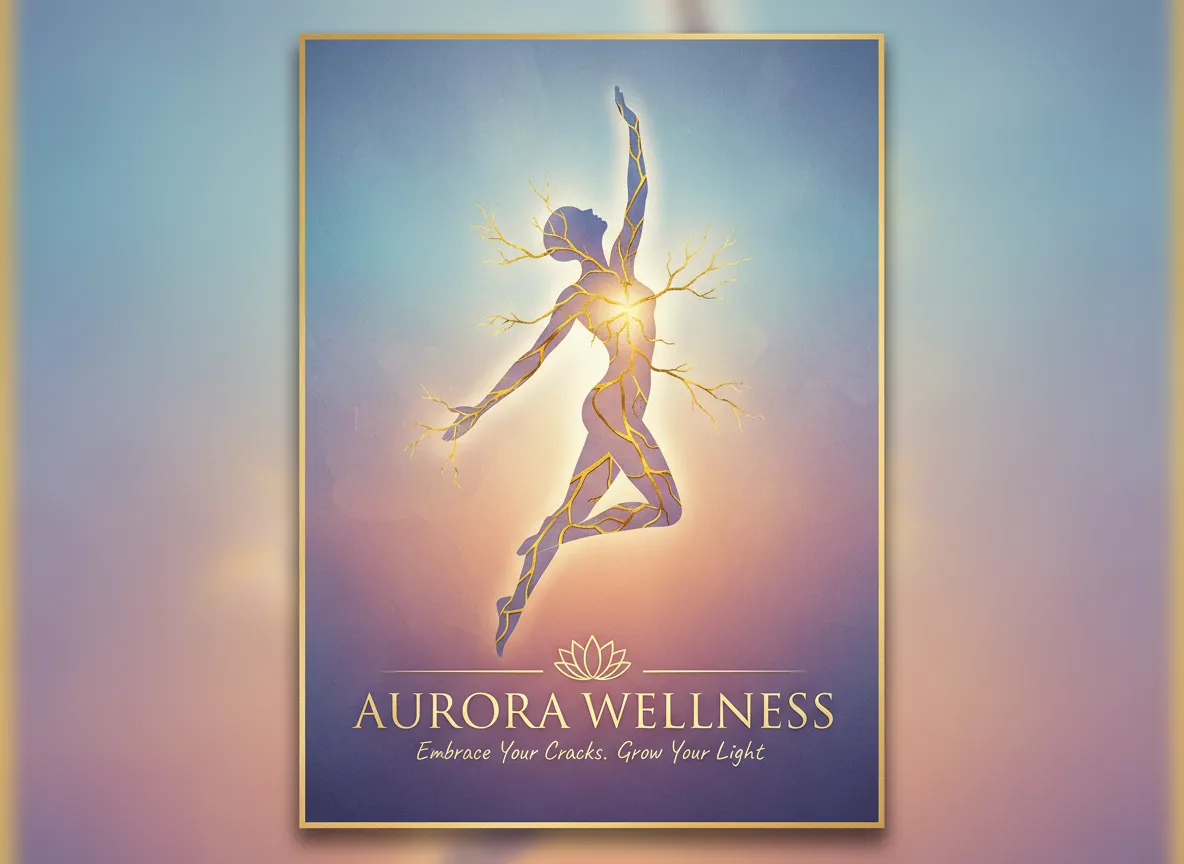 एक वेलनेस ब्रांड के लिए एक मार्केटिंग पोस्टर, जिसमें एक मानव सिल्हूट पर चमकती किंटसुगी रेखाएँ हैं, जो व्यक्तिगत विकास का प्रतीक हैं।