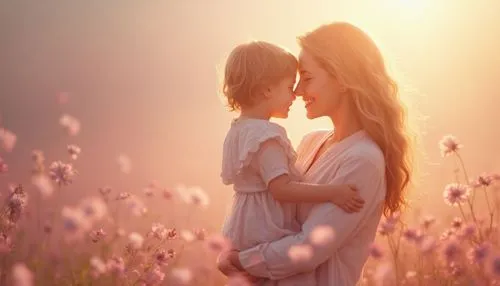 "Uma mãe segurando seu filho em um abraço caloroso, com tons suaves de rosa e branco, flores ao fundo e uma luz suave que transmite amor e proteção.",a woman and child are standing in a field,mother k