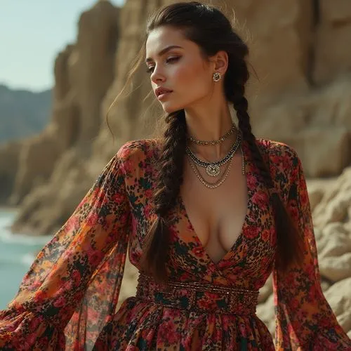 moda,a woman is standing near the water with a id in her hair,kaftans,flamenca,anastasiadis,hydari,albanian,aditi rao hydari,Photography,Fashion Photography,Fashion Photography 01