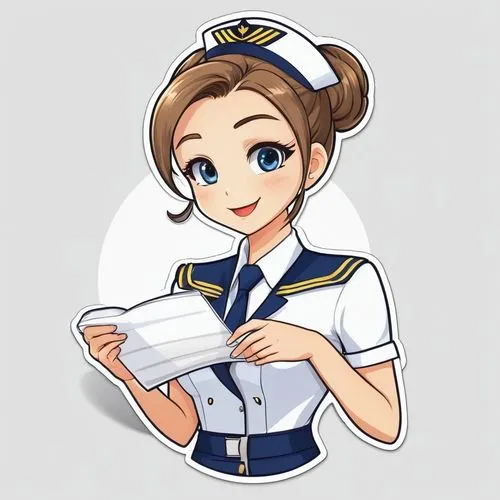 flight attendant reading in the galley, cute sticker, anime girl, hair in a bun, navy uniform, white background, die cut
,delta sailor,servicewoman,sailor,attendant,sakiko,stewardess,naval,mihoko,sawa