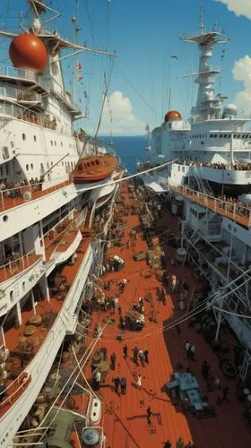 a ship's deck surrounded by people and objects,ship traffic jams,docked,sea fantasy,ship traffic jam,ship yard,ship releases,costa concordia,shipyard,arnold maersk,naval architecture,aircraft carrier,