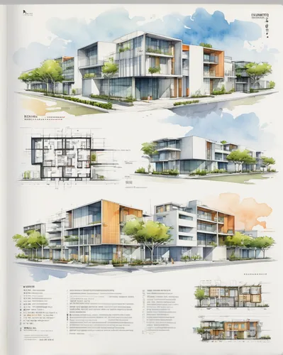 Watercolor (architecture exterior plan:1.2) for a building community (Riken Yamamoto:1.3), straight lines, square forms, penetrating lighting, dynamic spatial sequences, connecting spaces that foster 