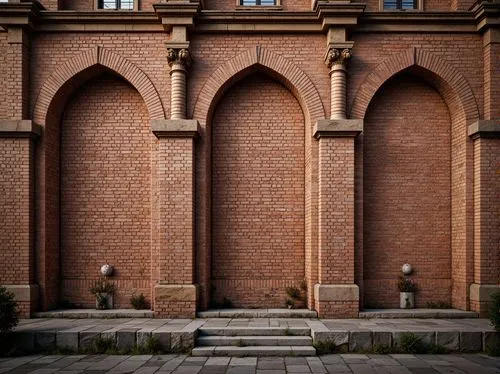 Rustic brick wall, weathered surfaces, rough textures, earthy tones, traditional architecture, ornate facades, gothic arches, medieval-inspired design, warm ambient lighting, soft shadows, high-contra