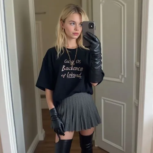 "A quick, casual frame from a selfie video where an 18-year-old blonde Russian girl with blue eyes and straight, spaghetti-like hair is filming herself. She holds her phone slightly tilted, adjusting 
