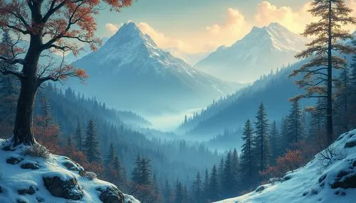 An ethereal, detailed ultra realistic shot of a majestic snowy forest. Centerpiece, a stunning snowy landscape with numerous layers of dark blue and green mountains, illuminated by a warm, golden ligh