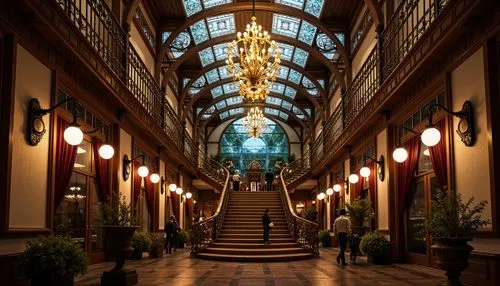 Intricate metalwork, ornate lamp posts, flowing organic shapes, soft warm glow, golden accents, stained glass shades, curved silhouettes, botanical motifs, elegant chandeliers, luxurious fabrics, velv
