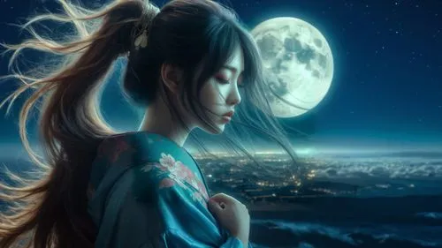 moon rising, wind blowing hair,a woman standing on top of a mountain next to a full moon,moonlit night,blue moon rose,moonlit,moon and star background,moon night,blue moon,moonlight,lunar,full moon,fa