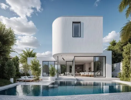 modern white and gray exterior home that is 4 stories tall with a giant pool,white modern house and pool area with glass doors,modern house,modern architecture,dreamhouse,cube house,beautiful home,dun