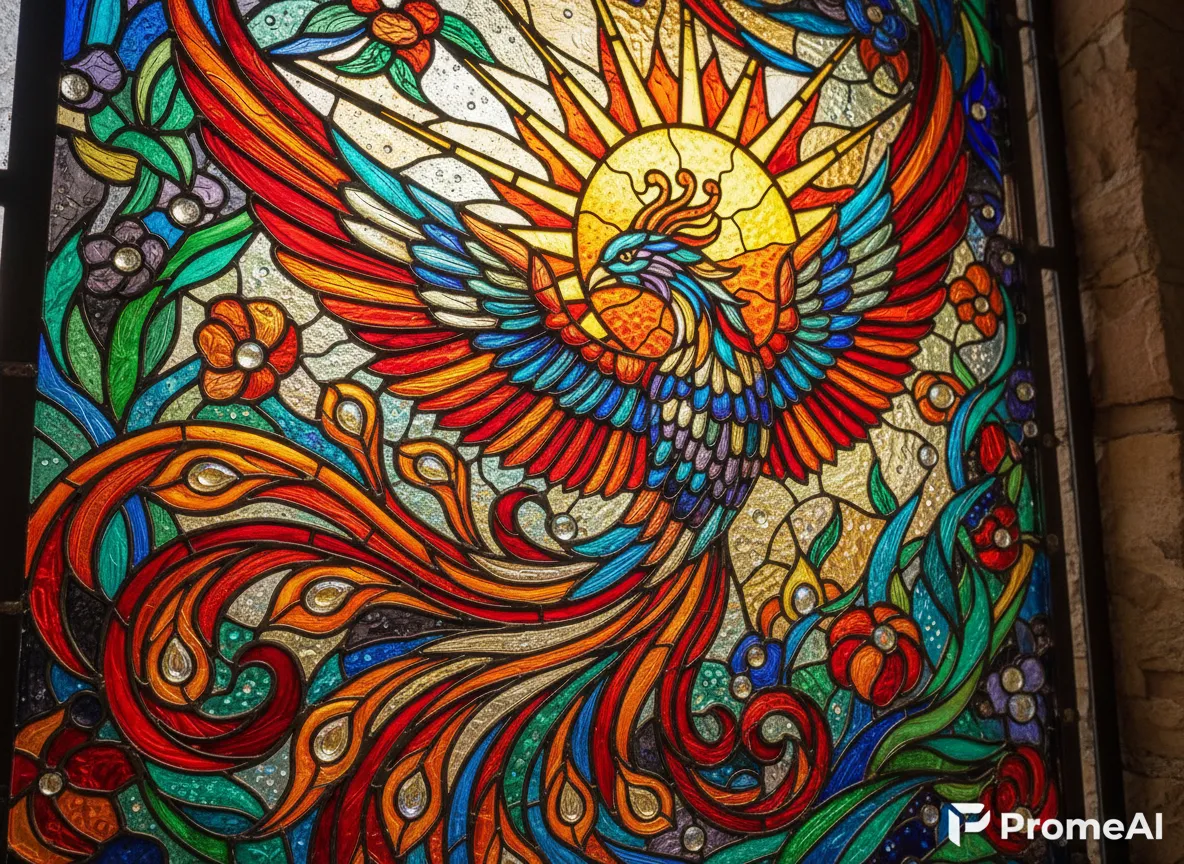 Eine Nahaufnahme eines sehr detaillierten, individuellen Buntglaspaneels mit einem komplexen Vogelmotiv, das die Detailgenauigkeit von PromeAI zeigt.