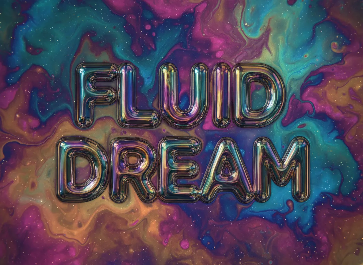 एक AI-जनरेटेड इमेज का क्लोजअप जिसमें टेक्स्ट पर लिक्विड क्रोम इफ़ेक्ट और एक विस्तृत इरिडिसेन्ट बैकग्राउंड दिखाया गया है।