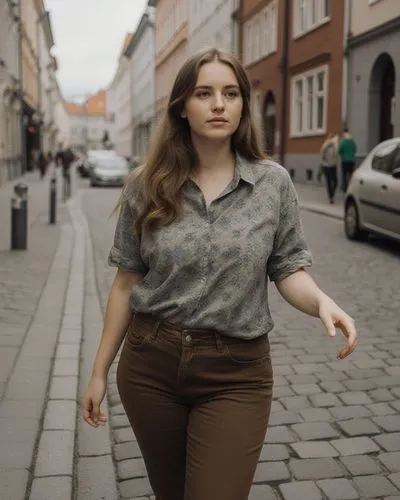 eine 23 jährige durchnittliche mollige Estin in landestypischer Freizeitkleidung in einer mittelgroßen stadt in Estland. komplett angezogen,a woman standing on the street pointing at something,woman w