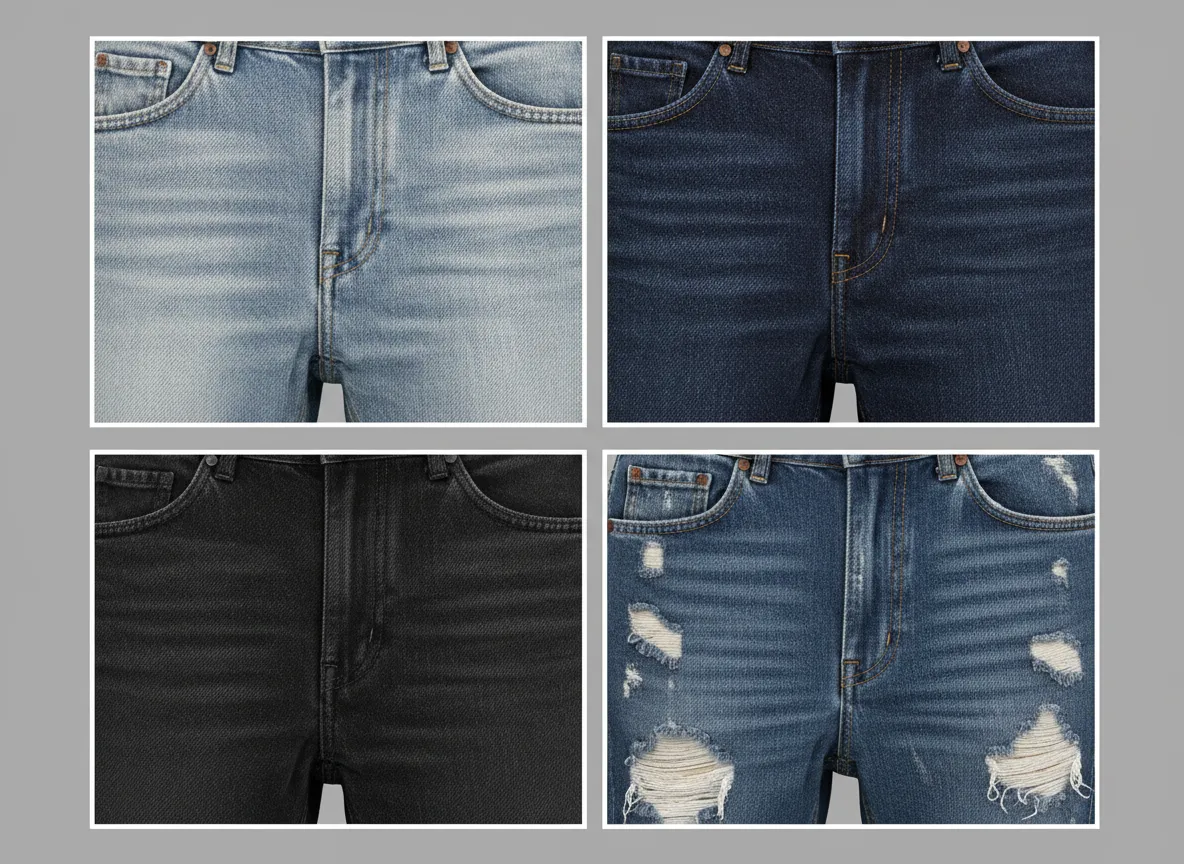 Ein Raster mit vier verschiedenen KI-generierten Jeans-Texturen, darunter helle Waschung, dunkle Waschung, schwarzer Jeansstoff und ein Used-Look, das die kreative Vielfalt demonstriert.