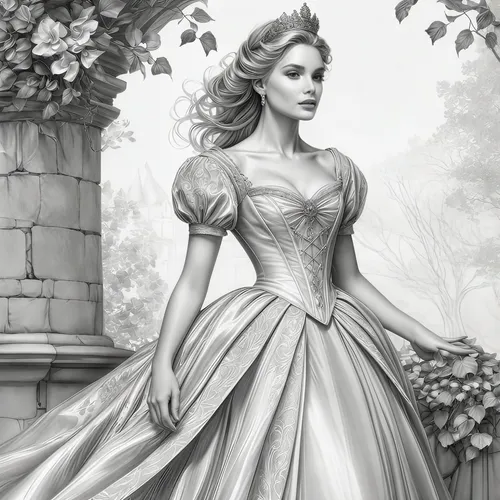 A highly detailed, realistic pencil or charcoal drawing on a white background, depicting an ethereal, regal young woman in a fantasy-inspired, fairy-tale setting, rendered with fine lines, cross-hatch