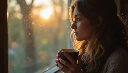 A woman holding a coffee cup, gazing out the window peacefully, reflecting on God's word. High detail texture, stylized realism.,the woman is sitting looking out the window,woman drinking coffee,drink