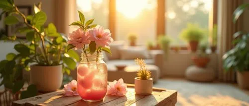modern,big cozy living room,instagram style,beautifull desighn,sunny day,beige,cream,green,many plants,blured background,details ,zoom on pink  flowers,canfles,water in glass,pink flowers in a jar on 