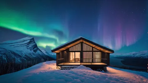 christmas warm architecture minimalist cabin in top of a mountain with  northern lights  timelapse, high quality, 8k