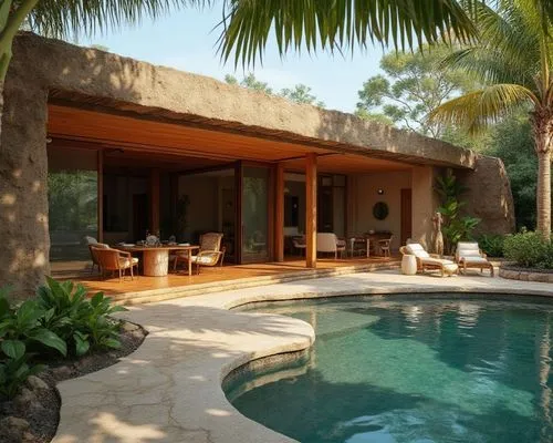 a modern style resort style home is located by a pool,pool house,holiday villa,tropical house,dunes house,outdoor pool,luxury property,cabana,beautiful home,summer house,swimming pool,tropical island,