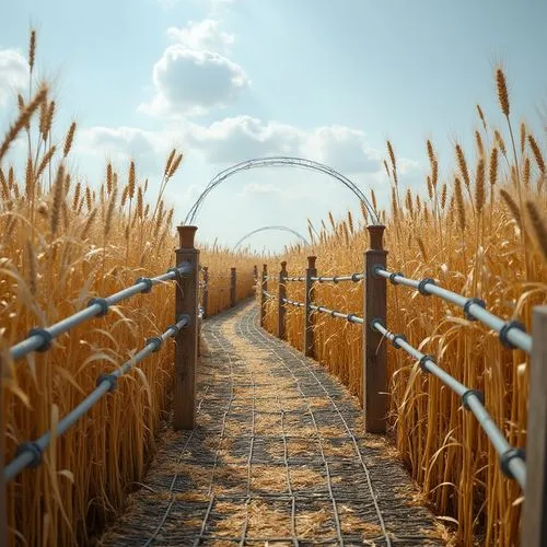 A day time view slightly looking up at the following from within an American Flagpole. The wheat wasteland is seen to the right of the center of the frame. The wheat wasteland has a long and thick sta