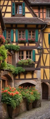 Alsace architecture, traditional half-timbered house, vibrant colorful shutters, flower-patterned window boxes, steeply pitched roof, dormer windows, stone foundation, ornate wooden doors, intricate c