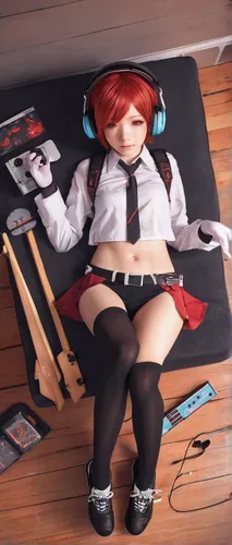 bad_id belt box cardboard_box casual chevasis drum drumsticks fingerless_gloves from_above gloves headphones highres instrument jewelry meiko midriff navel necklace red_eyes red_hair redhead short_hai