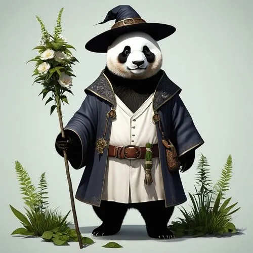 "Générer une image en noir et blanc d'un panda géant anthropomorphique habillé en sorcier ou aventurier. Le panda doit avoir une expression douce et légèrement espiègle. Son pelage doit être rendu ave