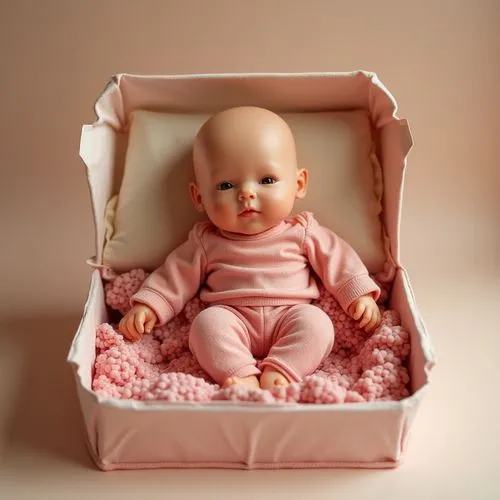 doll toy idea ,colorfull box,a small baby doll sitting in an open pink suitcase,baby bed,bassinet,dolls pram,female doll,infant,newborn photo shoot,baby frame,cloth doll,surrogacy,newborn photography,