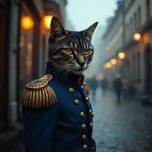 "Elegant feline aristocrat, ornate blue military jacket, misty European street at dusk, golden eyes, wet cobblestones, cinematic lighting --v 6",a grey and white cat in an officer's uniform,lieutenant