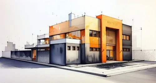a drawing of the building has orange and blue panels,render,renders,house drawing,crown render,prefab,cubic house
