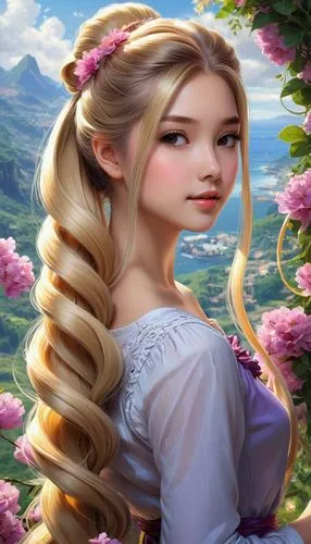 a young blond woman with long ids looking into the distance,belle,fairy tale character,fantasy portrait,girl in flowers,jasmine blossom,fantasy picture,beautiful girl with flowers,spring background,sp