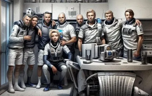 guardianes galacticos,people with futuristic gadgets in a kitchen, digital painting,colorization,prisoners,colorizing,medical staff,hospital staff,colorized,inmates,partizan,barbershop,prison,team spi
