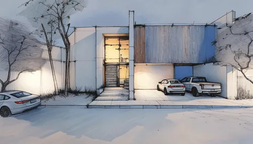 an ink drawing of two cars outside a white house,prefab,prodromal,snowfall,prefabricated buildings,projet,prodigal