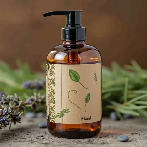 A modern personal care bottle crafted from recyclable amber glass, with a natural kraft paper label featuring simple, hand-drawn botanical illustrations in green. The cap is a black pump dispenser mad