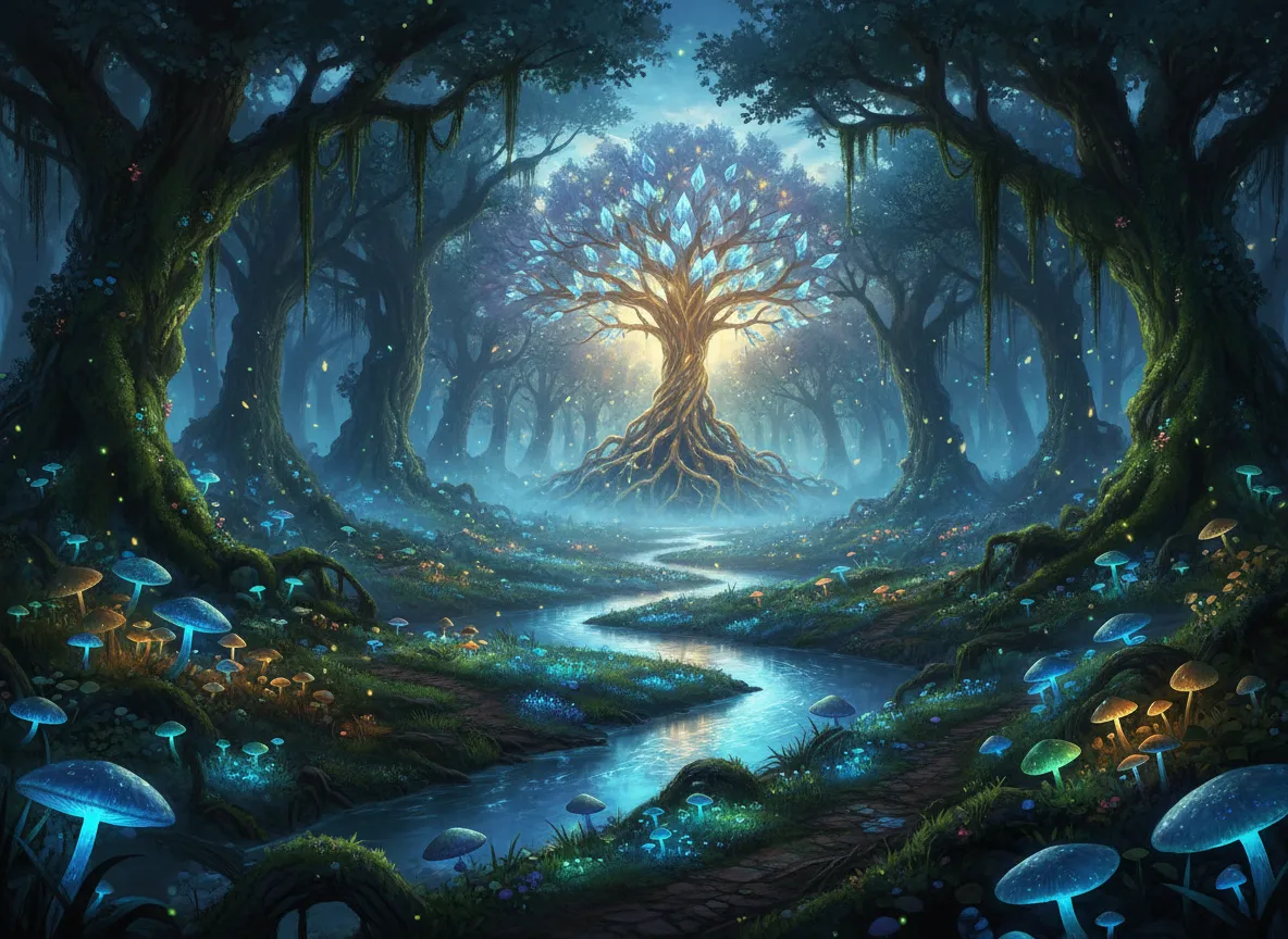 Un'immagine fantasy cinematografica di un vasto sfondo di foresta incantata al crepuscolo, con funghi luminosi e antichi alberi coperti di muschio.